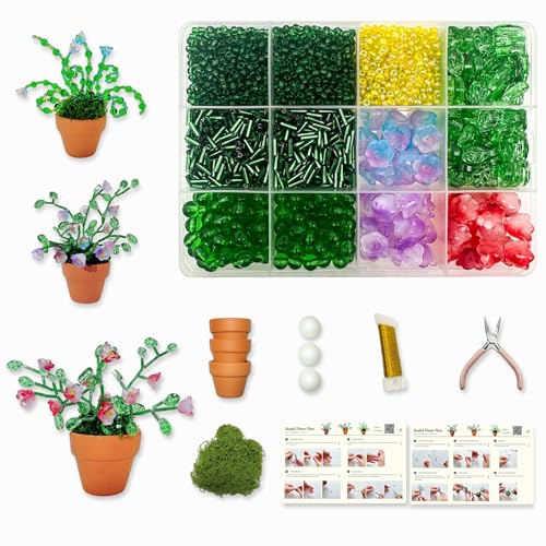 Green Glass Beaded Plant Kit Bead Craft Kit to Make Beading Flower Leaf Plants Window Suncatcher DIY Desk Decor with Pots Tools and Video Tutorial for Adults & Teens Creative Gift for Mothers Day