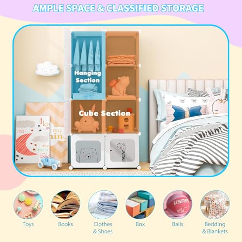 Image of CoolLeaf Plastic Wardrobe for Kids, Cupboard for Bedroom with 8-Cubes Sheets and Hanging Rail, Almirah Plastic for Baby Clothes /Toys /Books, Blue Cartoon