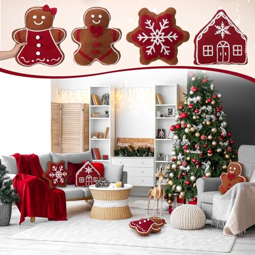 Image of HunnmingRe 4 Pcs Christmas Throw Pillows Fall Football Plush Pillows Winter Holiday Cushion Soft Decorative Cushions for Couch Bedroom Living Room Thanksgiving Xmas Decor(Red,Gingerbread)