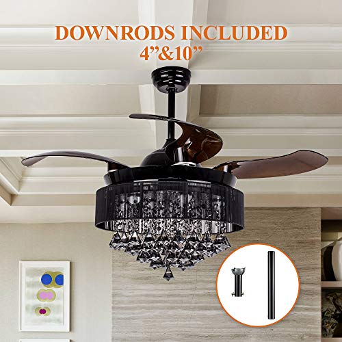 Ceiling Fans with LED Lights 46 Inch Ceiling Fan with Remote Crystal Chandelier Fans with Retractable Blades, Replaceable 4000K Cool White Lights, Not Dimmable, Black