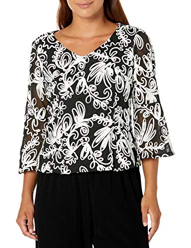 Alex Evenings Women's Petite Embroidered Blouse with Bell Sleeves Shirt Missy and Plus, Black/White, MP