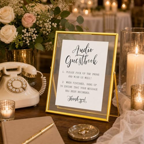 Image of Calculs Audio Guest Book Sign, Gold 8x10 Floating Picture Frame | Double glass metal frame, fits 6x8 insert, audio guest book table, reusable tabletop frame for signs and photos
