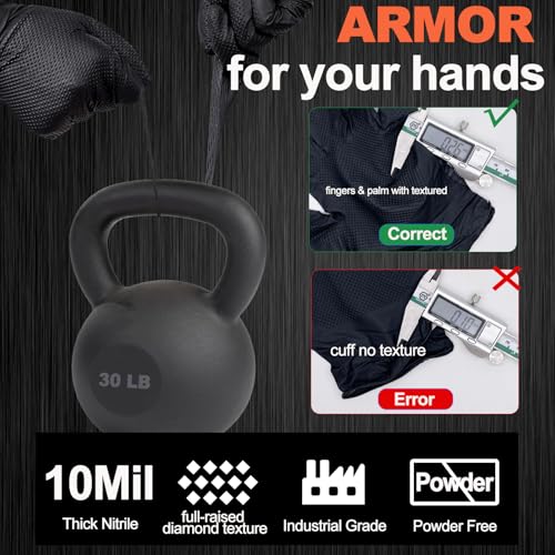 10mil Nitrile-Gloves Disposable-Black Chemical-Resistant Rubber - Mechanic Gloves Heavy Duty, Latex Free, Diamond Grip (100, X-Large)