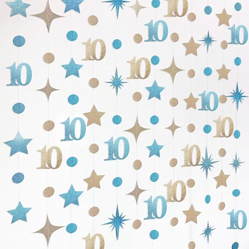 Image of Champagne Gold Blue 10th Birthday Decorations Number 10 Circle Dot Star Garland Streamer Banner Backdrop for Girls Boys Double Digits Cheers to 10 Years Old Birthday 10th Anniversary Party Supplies