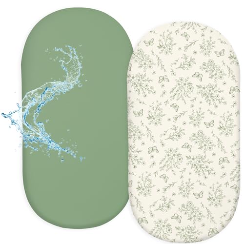Image of FIOBEE Baby Bassinet Sheets for Girls Boys 2 Pack Waterproof Bassinet Mattress Elastic Fitted Crib Sheets Universal Fit for Hourglass Oval and Rectangle Bassinet Sheet, Green
