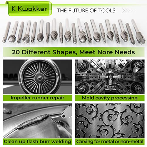 K Kwokker 20Pcs 1/8 Shank Tungsten Carbide Burr Set Diamond Files Hra85 Rotary Tool Accessory Kit, Accessories For Dremel Rotary Drill Air Die Grinder, Graving Tools For Metal Polishing, Wood Carving #TOP1