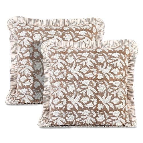 Ridhi Oak Brown Block Print Ruffle Pillow Covers 24x24 Inch Set of 2