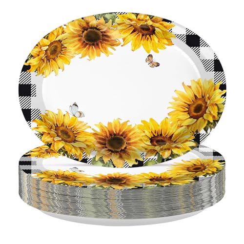 Greencian 50Pcs Sunflower Party Decorations 10 x 12 Inch Sunflower Gingham Large Paper Plates Sun Flower Black and White Checkered Plates Heavy Duty Disposable Platters for Sun Flower Party Decoration