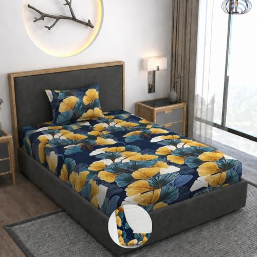 Image of Vaini Premium Heavy Cotton Elastic Fitted Bedsheets with 1 King Size Pillow Covers || Single Bed with All Around Elastic 350 TC || 36 x 78 x 6 Inch Single Size Fitted || :- Green Mushroom