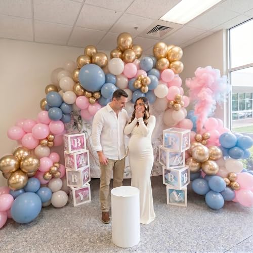 Image of Gender Reveal Balloons, 60 Pcs 12 Inch Dusty Pink Blue Balloons, Chrome Gold Sand White Balloon for Boho Neutral Gender Reveal Baby Shower Birthday Boy or Girl Bridal Bear Theme Party Decorations