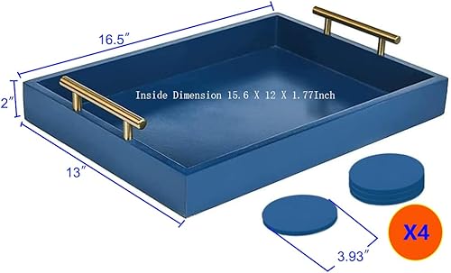 Miniatura 2 de Juleduo Bandeja de servir, bandeja de lujo para mesa de café con asas de metal pulido y 4 posavasos, organizador de barra de café, bandeja