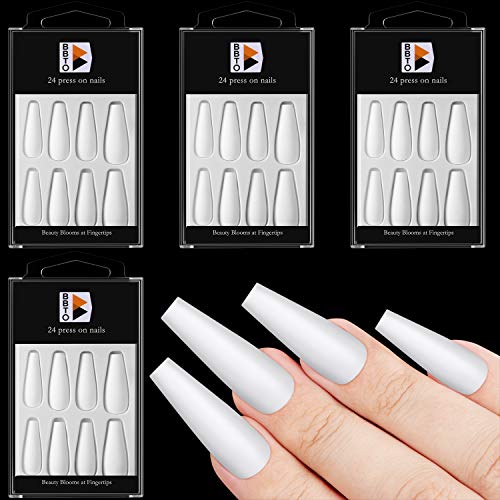 96 Pieces Matte Tapered Extra Long Coffin Nails with 12 Sizes False Nail Long Full Cover Frosted Nails Artificial Fake Nail Tips for Women and Girls (White)