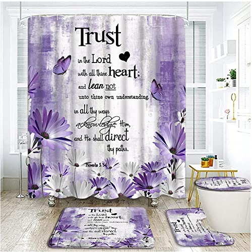 4 Piece Purple Grey Flower Shower Curtain Sets with Rugs, Toilet Lid Cover , Rustic Daisy Butterfly Inspirational Quotes Trust in The Lord Verse Farmhouse Art Bathroom Shower Curtain with 12 Hooks