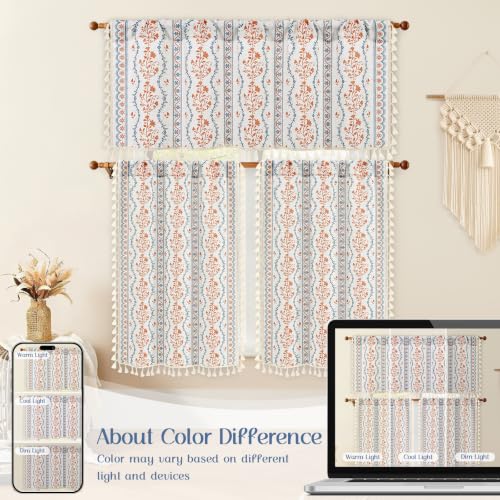 Image of Yinhua Boho Valance Curtains Vintage Linen Kitchen Valances for Windows Light Filtering Bohemian Floral Valance Rod Pocket Tassel Window Valances for Bathroom Cafe, 52 inch W X 18 inch L, Blue Orange Floral