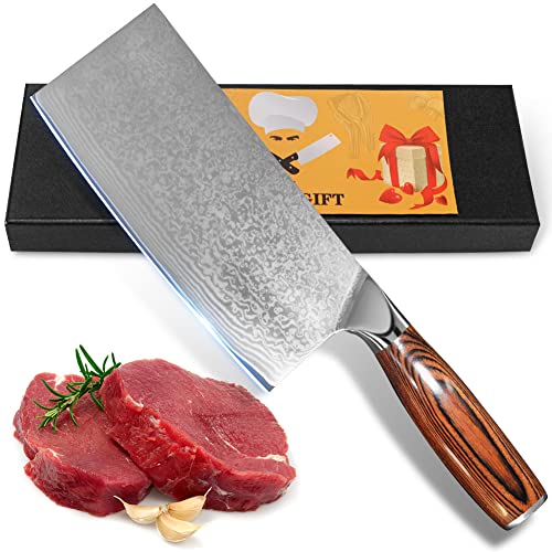 Home Safety Damastmesser Scharfes Damast Kochmesser - Profi Fleischmesser aus echtem Damaststahl für Küche - Handgeschmiedetes Hackmesser, rutschfeste Pakkaholz Griff + Geschenkbox