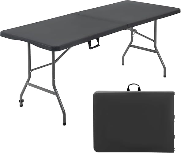 FDW Fold-in-Half Plastic Folding Table, Heavy Duty Portable Table with Lock & Handle for Camping, Picnic, Party, Wedding, Office, Black - Black - 6FT