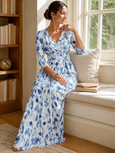 Image of Women's V Neck Floral Maxi Dress 3 /4 Sleeve Plus Size Boho Wrap Flowy Long Dresses with Belt