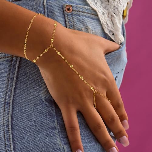 Hand Chain Bracelets for Women - 14K Real Gold Plated Dainty Stackable Paperclip Link Bracelets Hand Chain Bracelet Ring Gold Bracelets for Women Trendy4