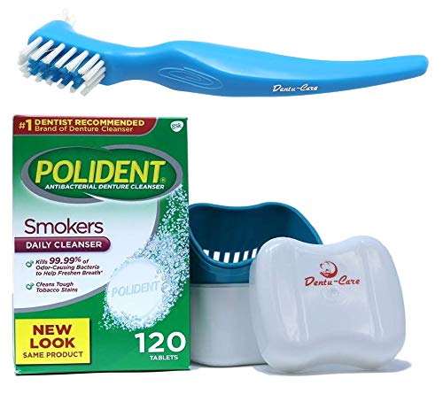 Polident Smokers Denture Cleaner Tablets 120 count bundle with Dentu-Care Denture Case and Denture Brush for Maintaining Good Clean Full/Partial Dentures Mouthguards