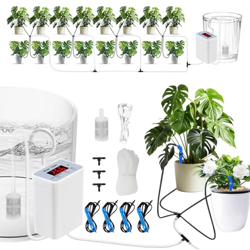 Sistema di irrigazione automatico, sistema di irrigazione a goccia a 2000 mAh, sistema di irrigazione automatica Smart Garden per 16 piante in vaso, USB-C ricaricabile