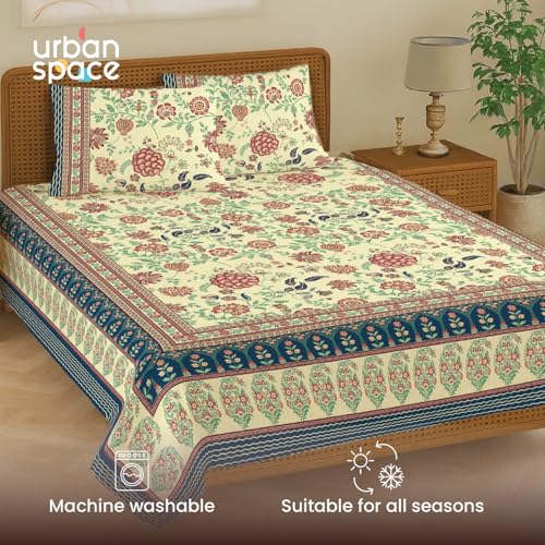 Image of Urban Space 100% Cotton Handcrafted Premium Printed Double Size Bedsheet with 2 Pillow Covers, 240 TC Cotton Double Bedsheet (90 x 100 Inches, Gulbagh Navy)