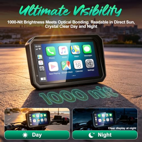 Image of YZW 6 Inch Motorcycle Carplay, GPS Navigation with Android Auto, Siri & Google Assistant /USB Cable /Bluetooth 5.2 /TMPS /Anti-Glare /Voice Control /IP69K Waterproof Touchscreen /Light Sensor /Magnetic Mount