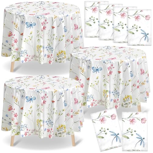 Image of Ganeen 6 Pcs Wildflower Plastic Tablecloth 84 Inch Spring Round Tablecloths Floral Theme Birthday Decor Disposable Plastic Round Waterproof Table Covers for Holiday Weeding Tea Decoration Party Favor