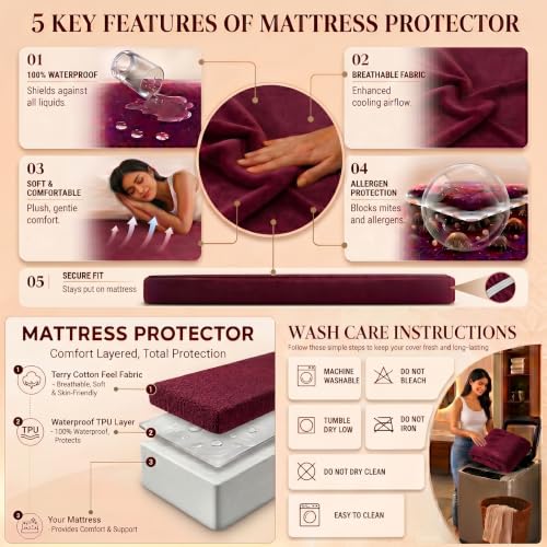 Image of Lithara Terry Cotton Fitted Mattress Protector for Single Bed | Waterproof & Elastic Band | Ultra Soft & Hypoallergenic Mattress Cover | Size : 36 x 78 Inches (3 x 6.5 Feet) | (Wine Red)