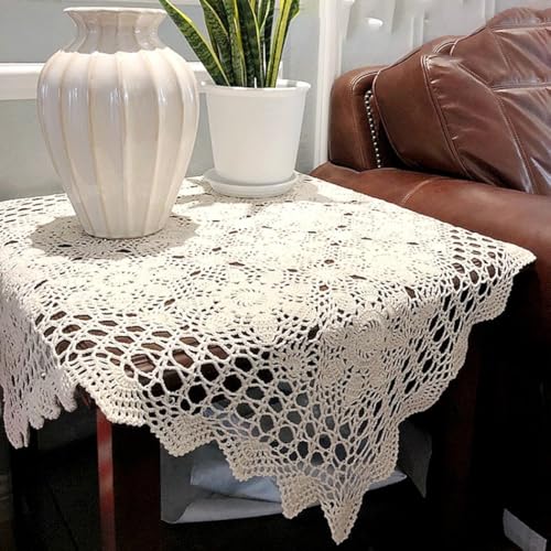 Vintage Quadratische Tischdecke Deckchen Baumwolle Spitze Häkeln Floral Und Tischdecke Abdeckung Rechteckige Spitze Tischdecke Mit Elegant Blumenmuster Zur Dekoration (60 x 60 cm Beige)