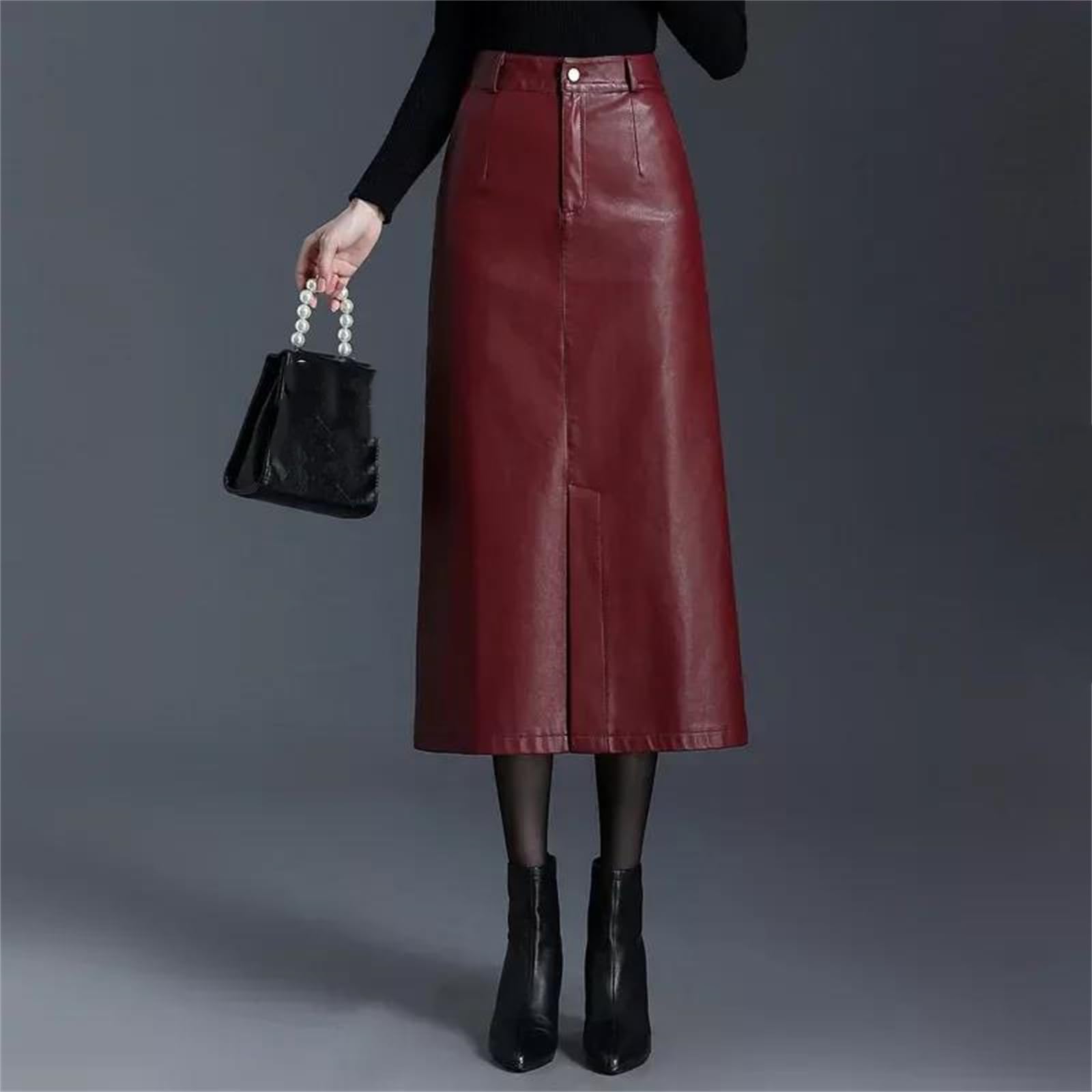 Falda de piel sintética para mujer, cintura alta, dividida, corte ajustado, casual, falda larga