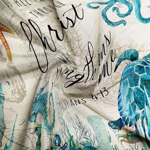 Nautical Turtle Shower Curtain Beach Teal Octopus Seahorse Sea Animal Undersea Tropical Fish Reef Starfish Anchor Lighthouse Ocean Inspirational Quote Polyester Fabric Bathroom Curtain with Hooks - Image 4