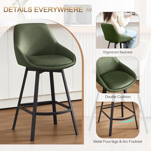 Image of Zesthouse Swivel Bar Stools Set of 4, 26 inch Modern Counter Height Bar Stools with Low Backs, Upholstered Faux Leather Bar Chairs for Kitchen Counter, Green Island Chairs with Metal Legs
