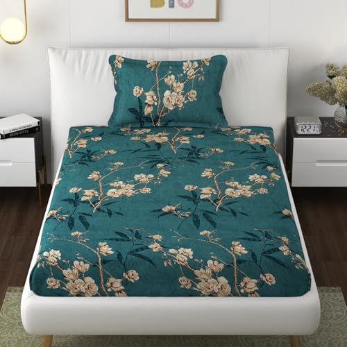 Image of Premium Heavy Cotton Flat Bedsheets with 1 King Size Pillow Covers | Single Bed 350 TC | 60 x 90 Inch Single Size Flat | :- Green Flower