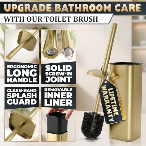 Image of Gold Toilet Brush with Square Holder - Toilet Brush and Holder Set Gold, Stainless Steel Handle with Splash Shield, Replaceable Head and Removable Inner Cup - Freestanding Bathroom Toilet Cleaning Set