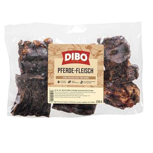 DIBO Pferde-Fleisch, 250g-Beutel, der kleine Naturkau-Snack oder Leckerli für Zwischendurch, Hundefutter, Qualitätskauartikel ohne Chemie