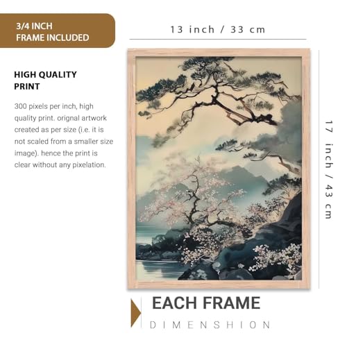 Image of kotart Japanese Nature Art View Framed Poster | Big Aesthetic Mountain View Art Wall Framed Posters for Living Room Bedroom Wall Decor Set Of 3 (13X17 inch)