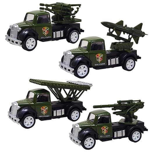 JAPSI Die Cast Military Vehicles Trucks, Pull Back Action, Set of 4, Army Toys for Kids, Functional Parts