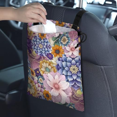 Image of Car Trash Bag Hanging Back of Seat Waterproof Small Cute Printed One-Handed Strap Drawstring Garbage Bags for Car-Purple Boho Floral
