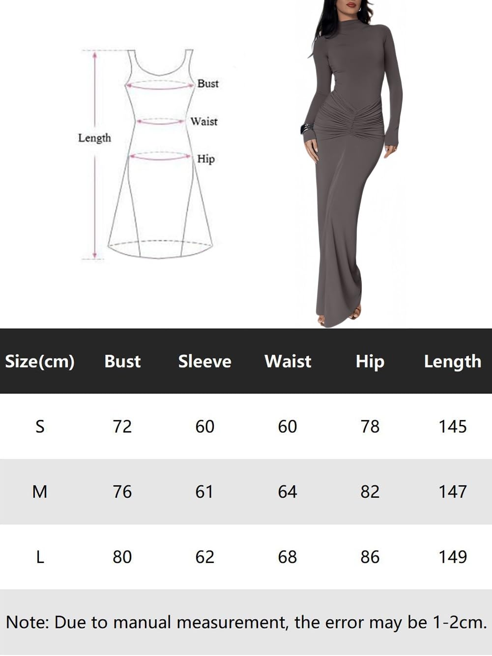 Robe Femme Élégante Maxi Robes Moulante Col Montant Manches Longues Sexy Slim Froncée Robe Longue Automne Hiver Tendance Robes Crayon de Soirée Cocktail Clubbing Mariage Casual Streetwear