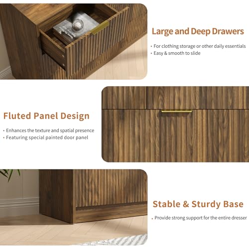 Image of Walnut Fluted 7 Drawer Dresser Bedroom,55 inch Wide Mid Century Wood Dresser with Gold Handles, Chest of Drawer Wooden TV Stand for Closet,Bedroom,Living Room,Walnut
