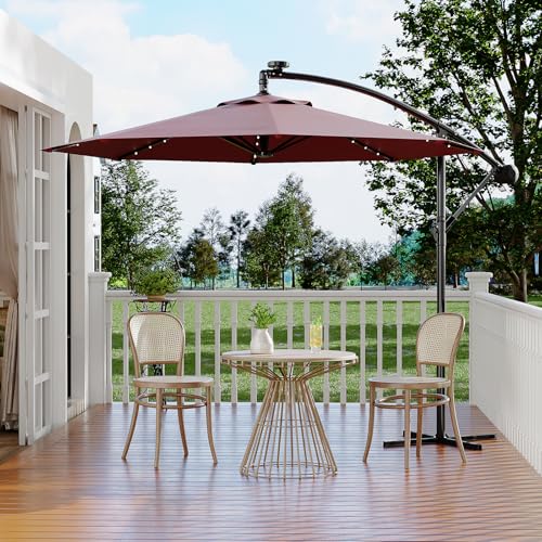 Garvee 10ft Solar Lights Offset Patio Umbrella, Cantilever Umbrella with Easy Lift & Tilt Adjustment, 8 Ribs Sun umbrella UV Protection for Backyard, Pool, Garden - Burgundy