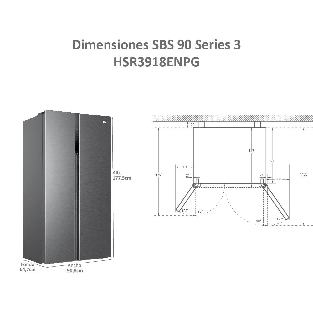 Haier SBS 90 Series 3 HSR3918ENPG - Frigorífico Side by Side, Americano, Apertura 90 grados, Tecnología Antibacterias, Capacidad XXL 528 L, Total No Frost, Clase E, Inox, Gris, 177,5 x 90,8 x 64,7 cm