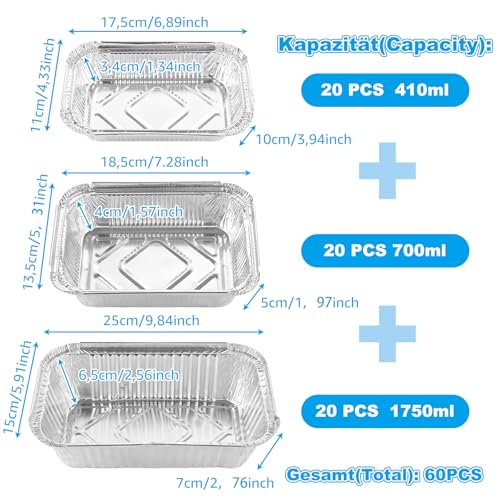 Oungy 60 Stück Alu Grillschalen Wiederverwendbar, 410ml/700ml/1750ml Aluschalen Grill Klein, Fettauffangschale Gasgrill Aluschalen für Braten Kochen Backen, Grillschale Alu
