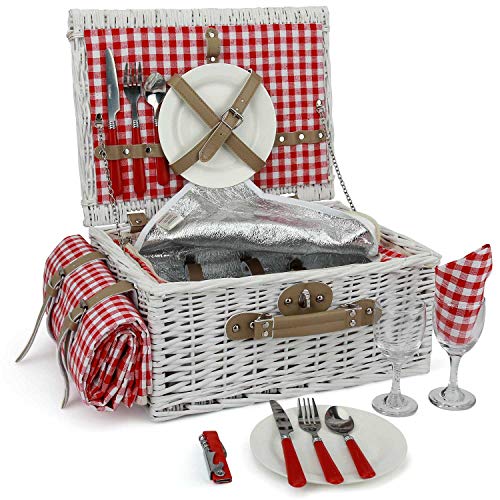 INNO STAGE Romantic Wicker Picnic Basket for 2 Persons, Special White Washed Willow Hamper Set with Big Insulated Cooler Compartment, Picnic Blanket and Cutlery Service Kit for Thanksgiving Day
