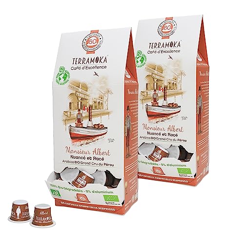 TERRAMOKA 120 capsulas Café orgánico de excelencia 100% Arábica puro de Perú - Compatible con máquinas de capsulas Nespresso - Afrutado, sutil y distinguido - Residuo Cero - Tostado en Francia