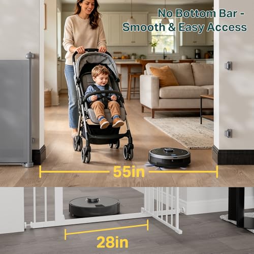Cumbor 37-55 Retractable Baby Gates for Stairs & Doorways, Indoor Outdoor | Hardware Mounted Mesh Dog & Pet Gate, Easy Walk Through, One-Hand Operation, Anti-Crawl Adjustable Safety Gate for Dog, Grey