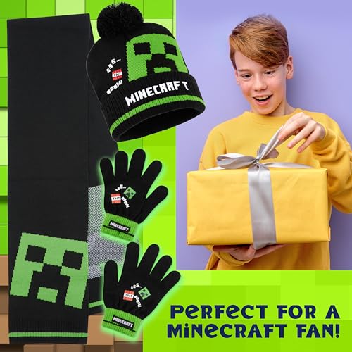 Image of Minecraft Winter Set for Boys, Teens, 3 Piece Hat Scarf Gloves or 2 Piece Gloves & Hat, Winter Accessories, Gifts for Boys
