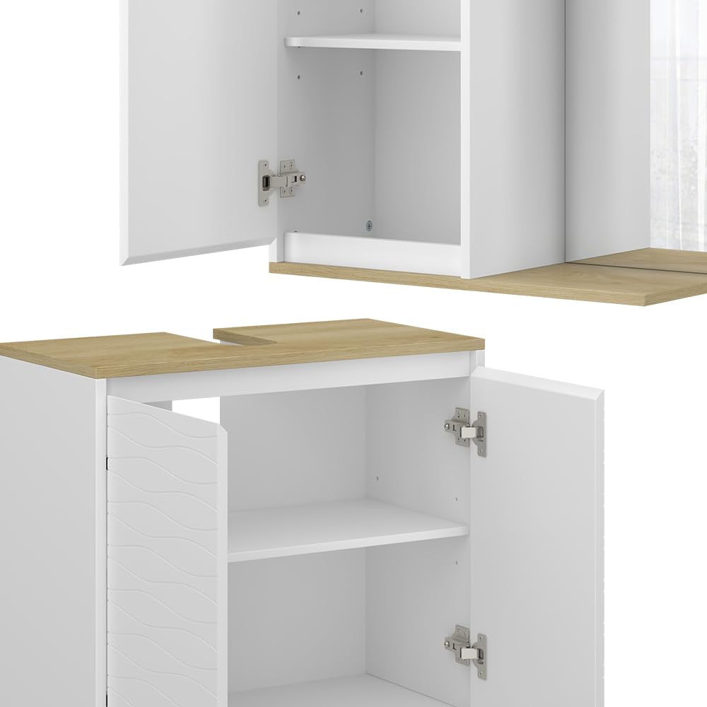 Vicco Set di mobili da bagno Livia, Bianco/quercia, 60 cm, composto da specchio da bagno e mobile sottolavabo