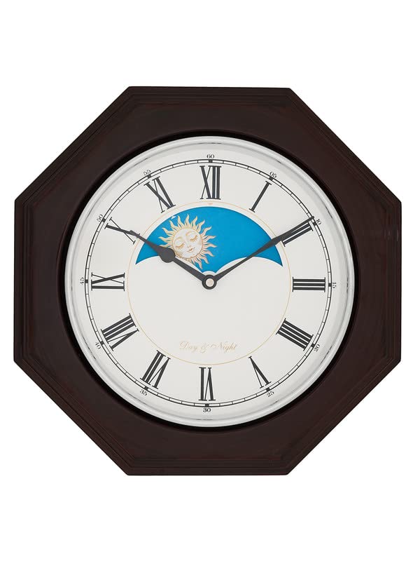 Image of CHRONIKLE Unique Octagon Shaped Chocolate Color Sunrise /Sunset Style Wooden Roman Figure Wall Clock with Sweep Movement (Size: 33.5 x 33.5 x 6.5 CM | Color: Chocolate | Weight: 1535 grm)