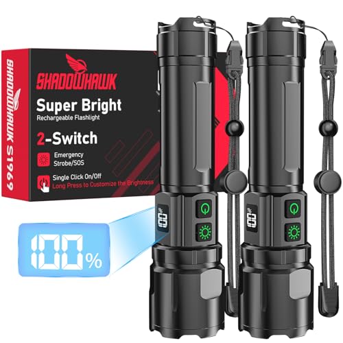 Shadowhawk Taschenlampe Led Aufladbar 2-Stück | Taktische Taschenlampe (2 Schalter) 500000 Lumen Extrem Hell, Bis zu 1000m Reichweite, 12h Laufzeit...